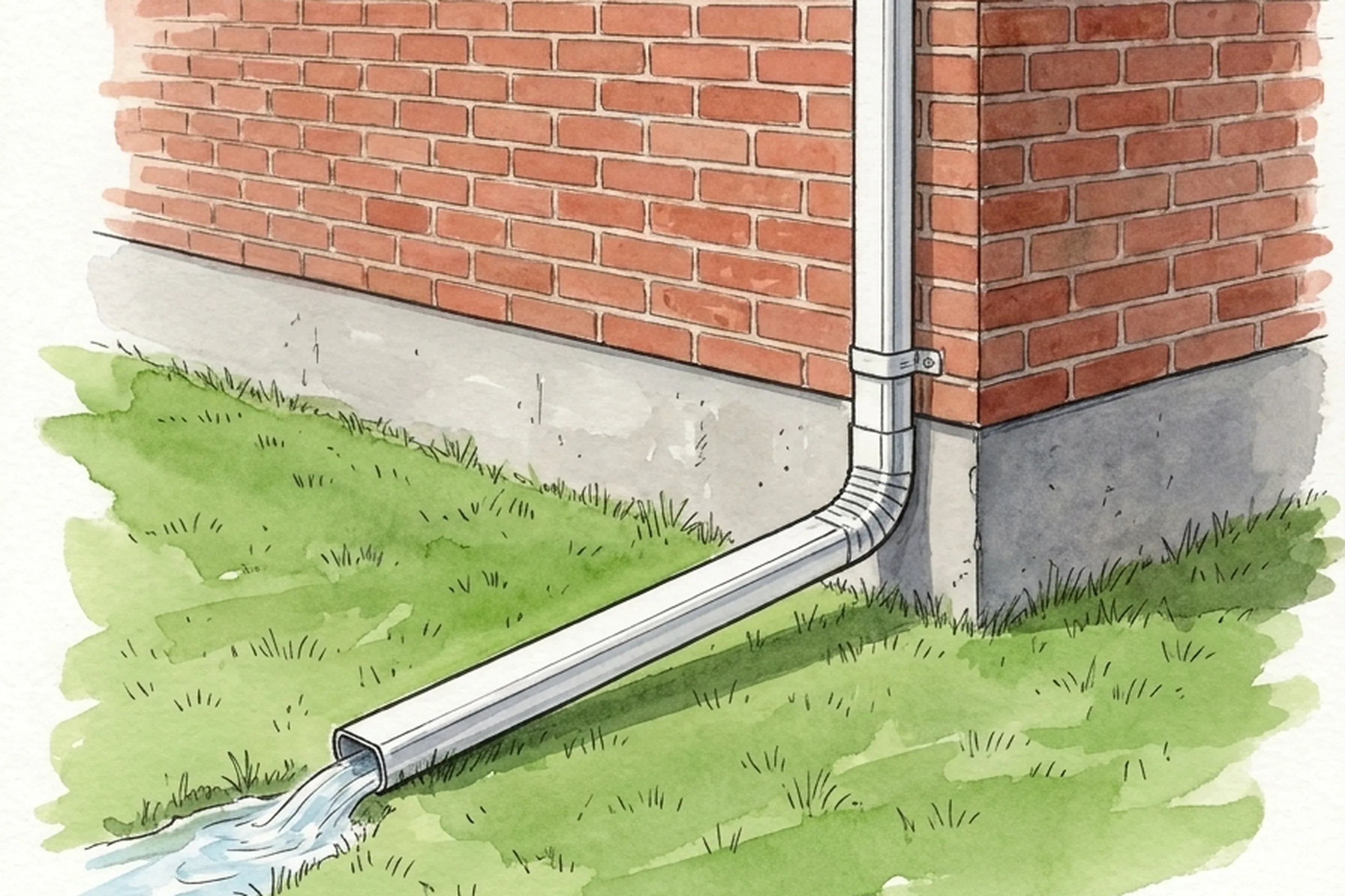A downspout at the corner of a brick house, its extension running out across the lawn and discharging away from the foundation
