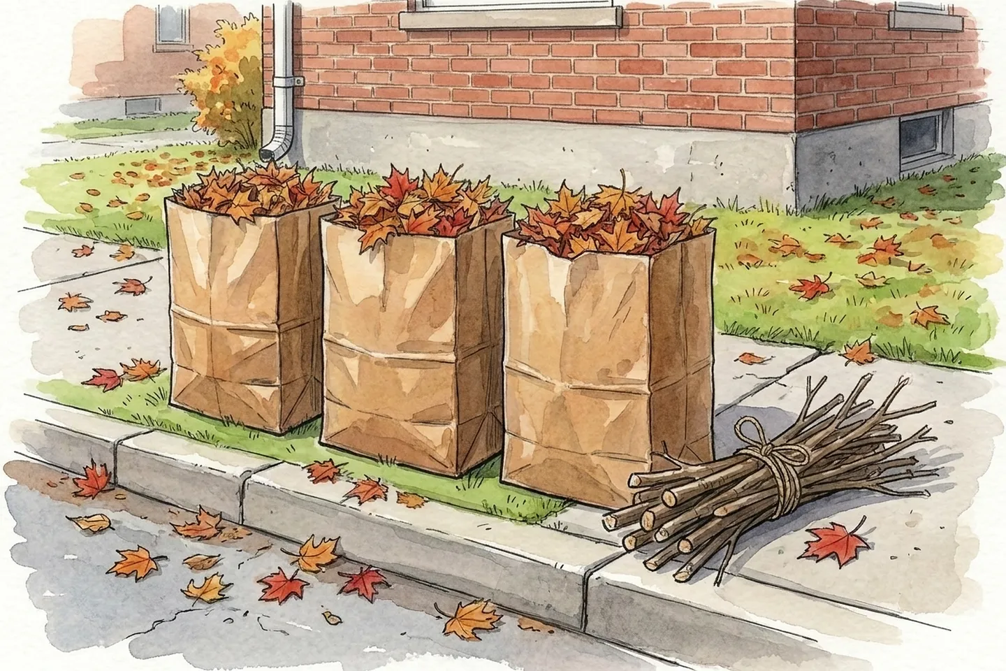 Drawing of three brown paper yard waste bags full of leaves standing on the grass by the curb in front of a brick house, a small bundle of short branches tied with twine beside them.