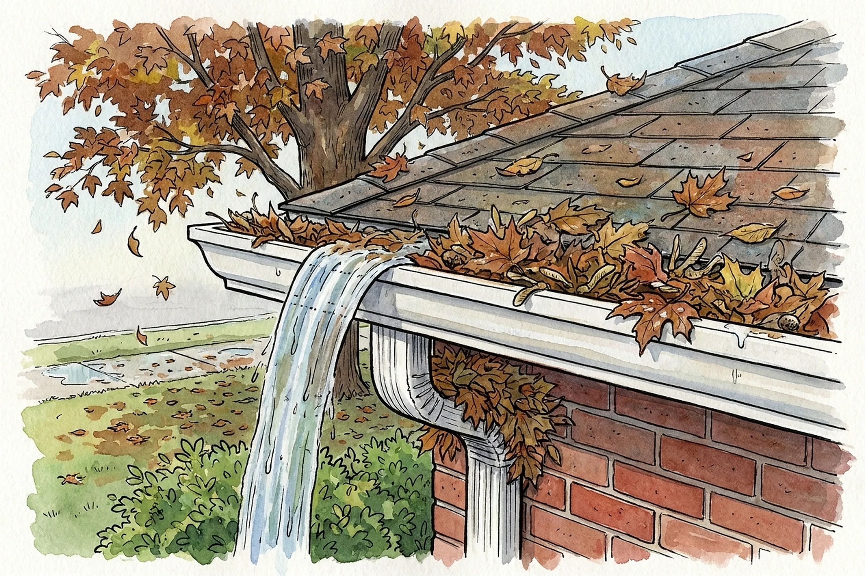 Drawing of a white gutter along the roof edge of a red brick house in autumn, packed with wet maple leaves, rain spilling over its front edge onto the bushes below and a clump of leaves blocking the top of the downspout.