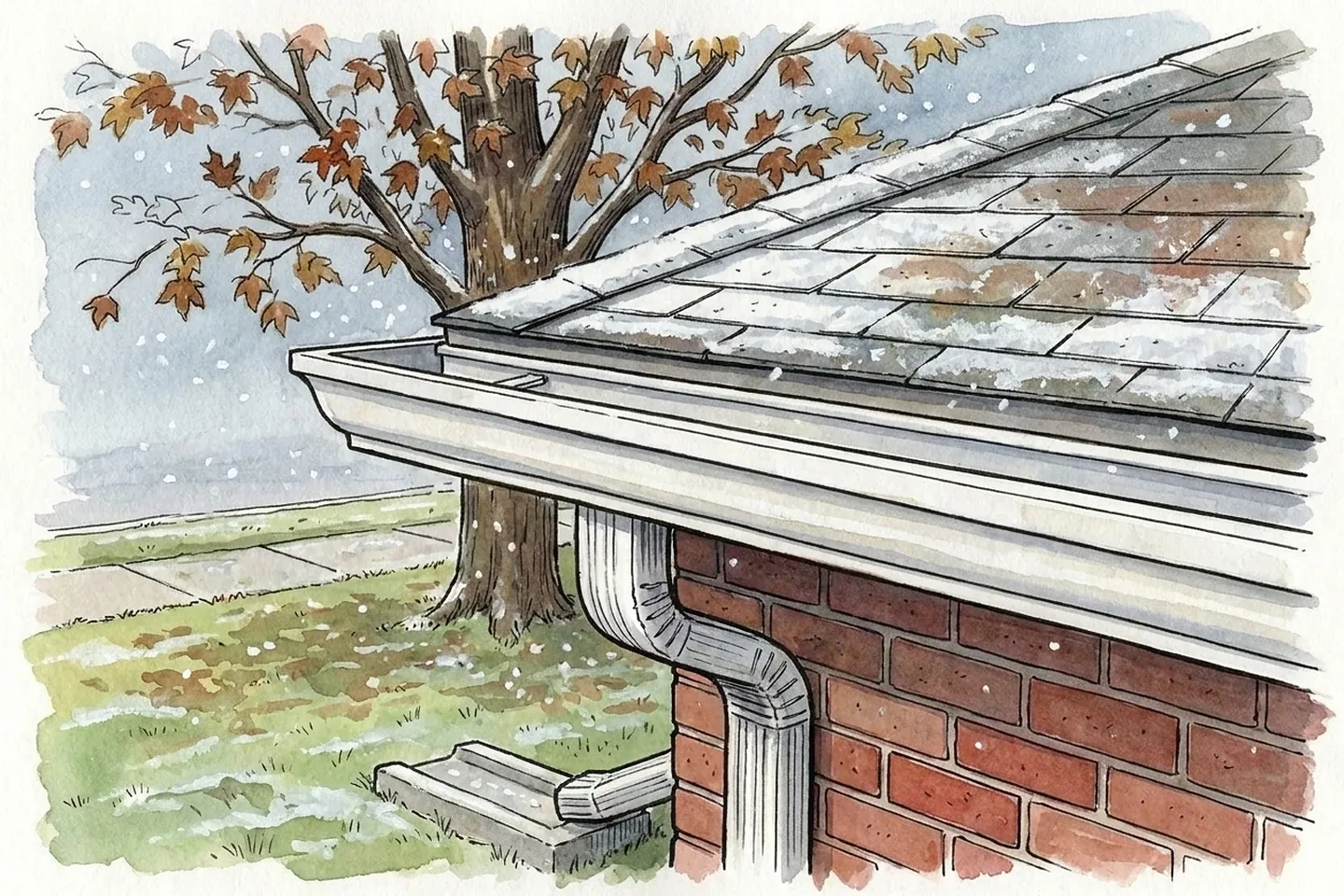 Drawing of a clean white gutter and downspout on a brick house in late fall, a maple holding its last leaves and a first light snow dusting the roof and lawn.