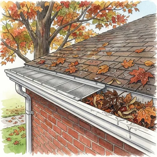 Drawing of a gutter along a shingle roof in autumn: half the run covered with fine mesh guards, the other half still open and packed with wet leaves.