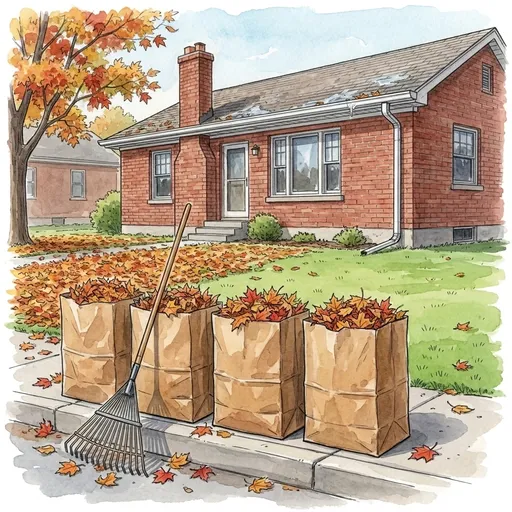 Drawing of four brown paper yard waste bags full of leaves standing at the curb in front of a red brick Detroit house, a rake leaning on them and the lawn half raked.