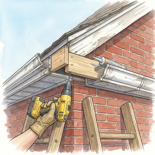 Drawing of a gloved hand driving a hanger screw with a cordless drill to pull a sagging gutter back to a new piece of fascia board on a brick house, seen from a ladder.