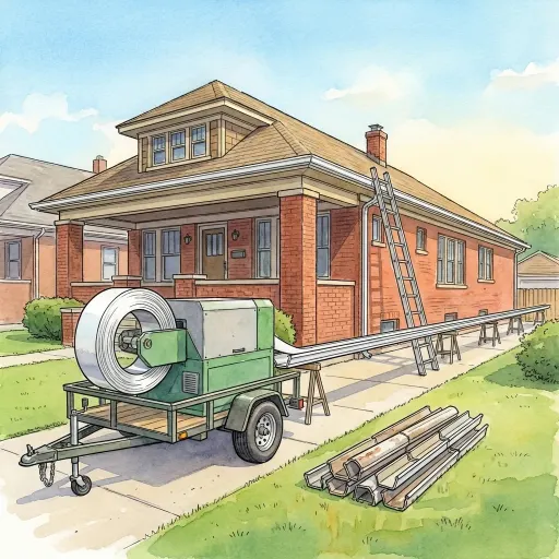 Drawing of a seamless gutter machine on a trailer in front of a red brick Detroit bungalow, one long white gutter coming out of it in a single piece, the old jointed sections stacked on the lawn.
